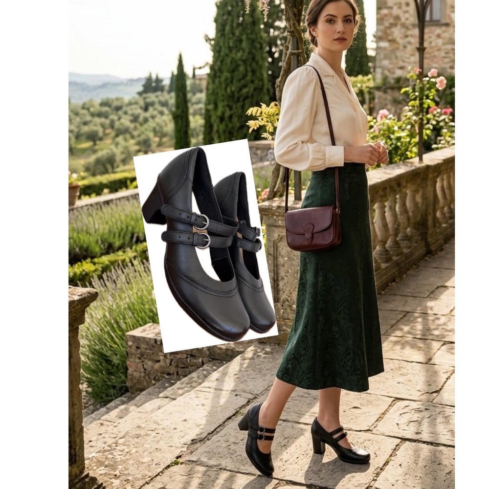 Earth Origins Bobby Black Leather Double Strap Mary Jane Block Heel Pumps 9M